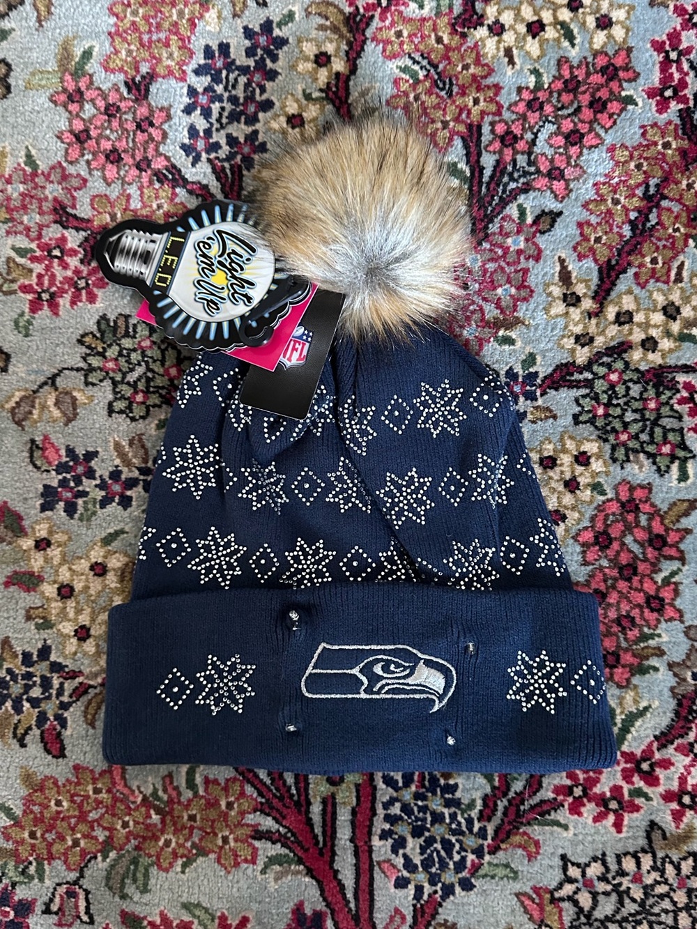 Seattle Seahawks light up Navy Pom Beanie with Faux Fur Pom
